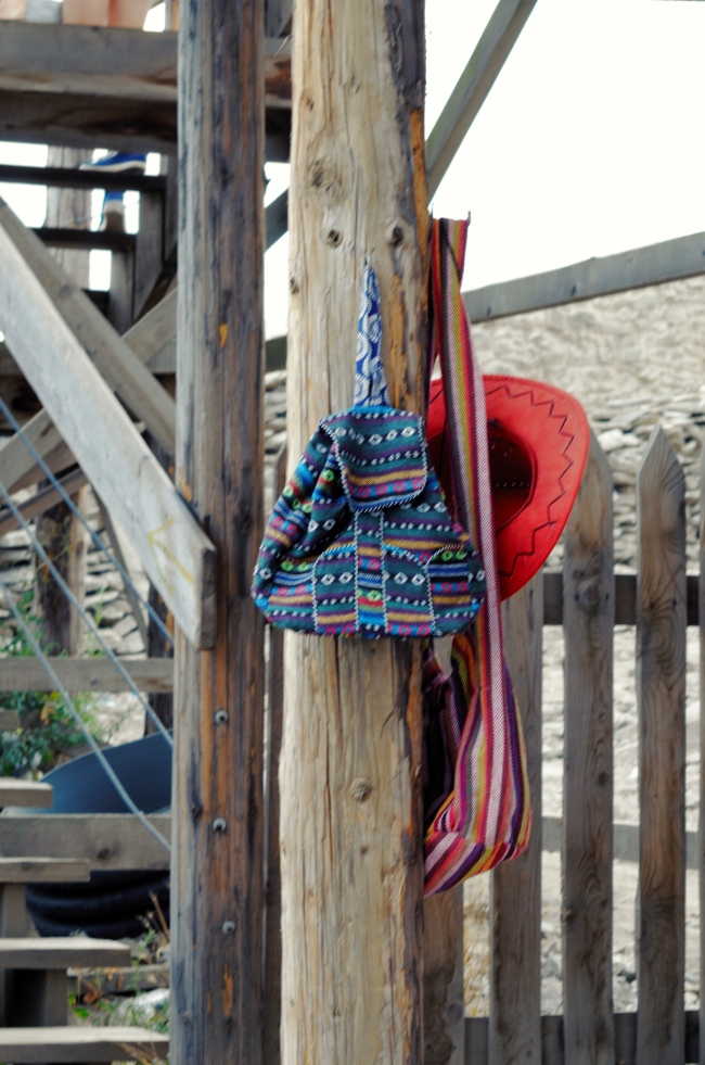 Colorful Bags and Red Hat on Improvised Hanger